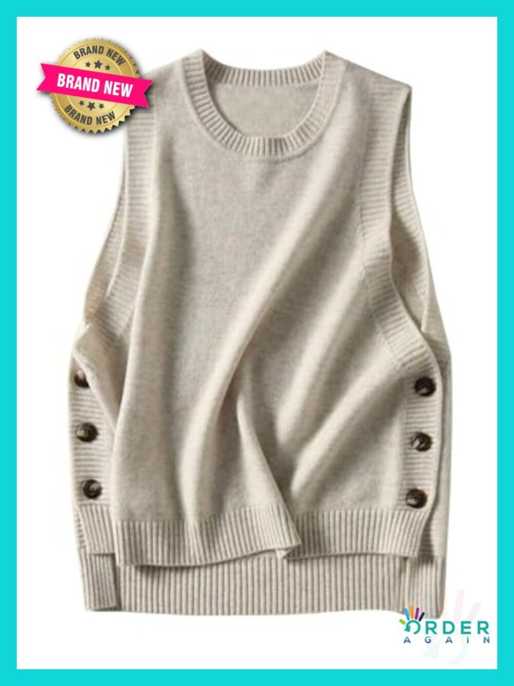 Sleeveless Ribbed Knit Sweater Vest Round Neck Pullover Button Side
